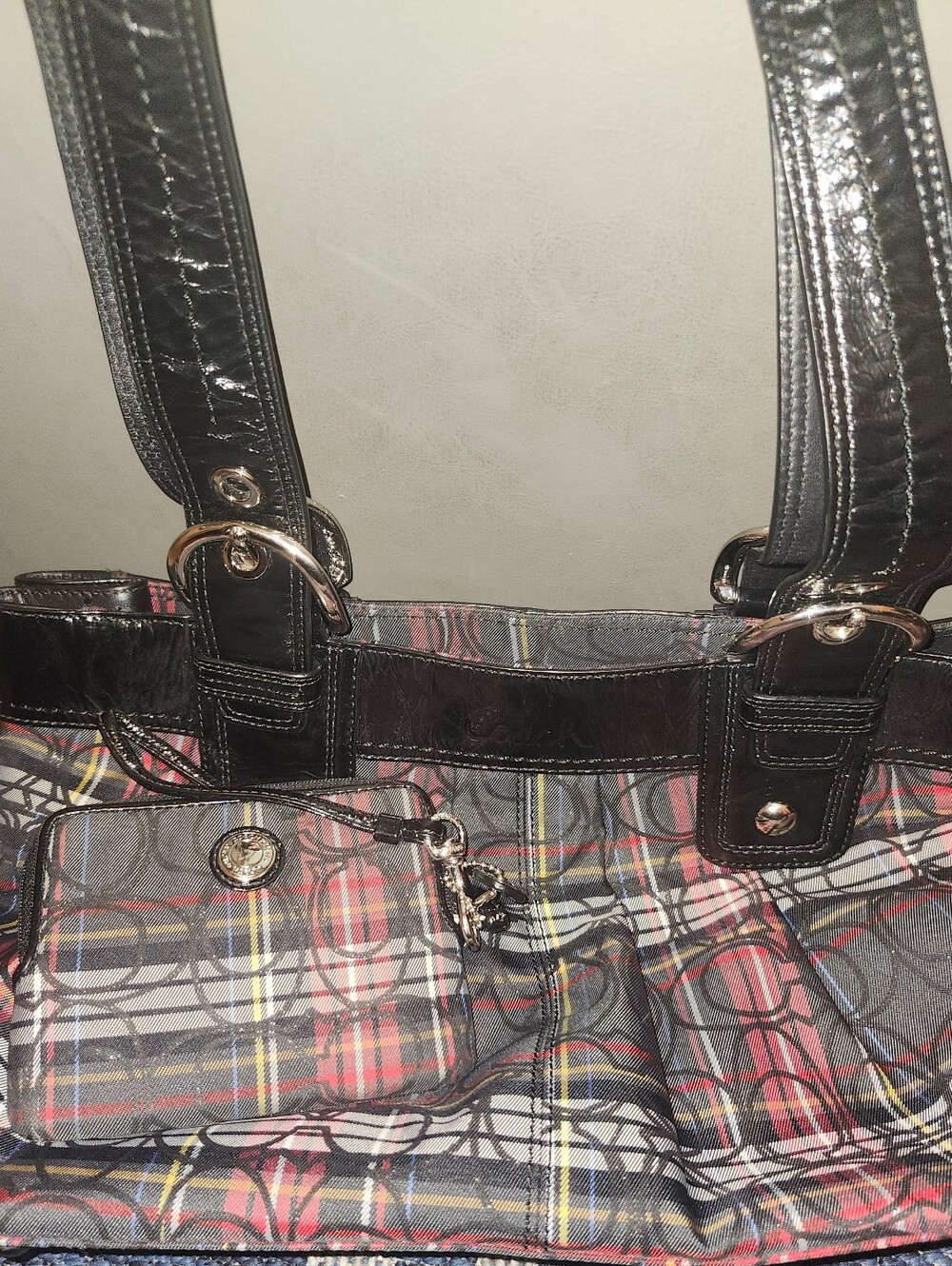 Coach Poppy Soho With Black Trim Plaid Bag with Matching Wallet